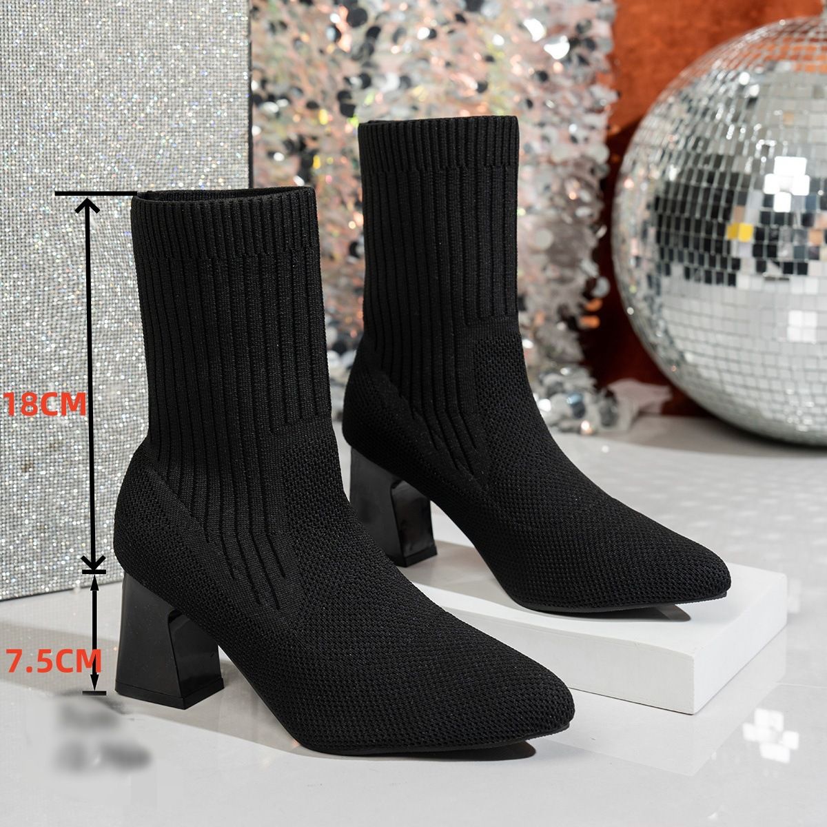 Women's Plus Size High Heel Fashion Wool Boots Autumn/Winter Lightweight Flyknit Chunky Heel Pointed Toe Elastic Closure Black PU Suede_vogvips.com