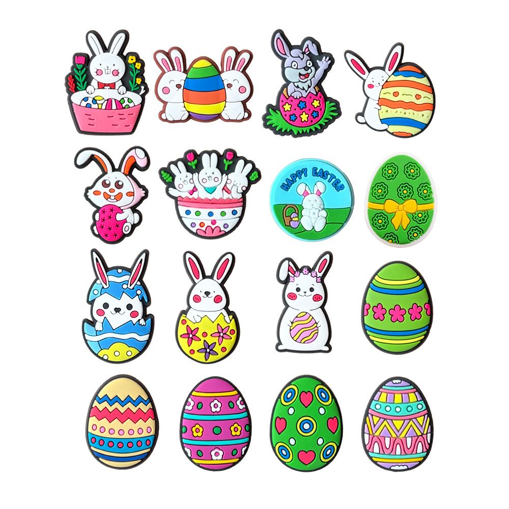 16 Set Of Easter Cute Bunny Shoes Buckle Shoes Flower PVC Soft Rubber Shoes Accessories Accessories_vogvips.com