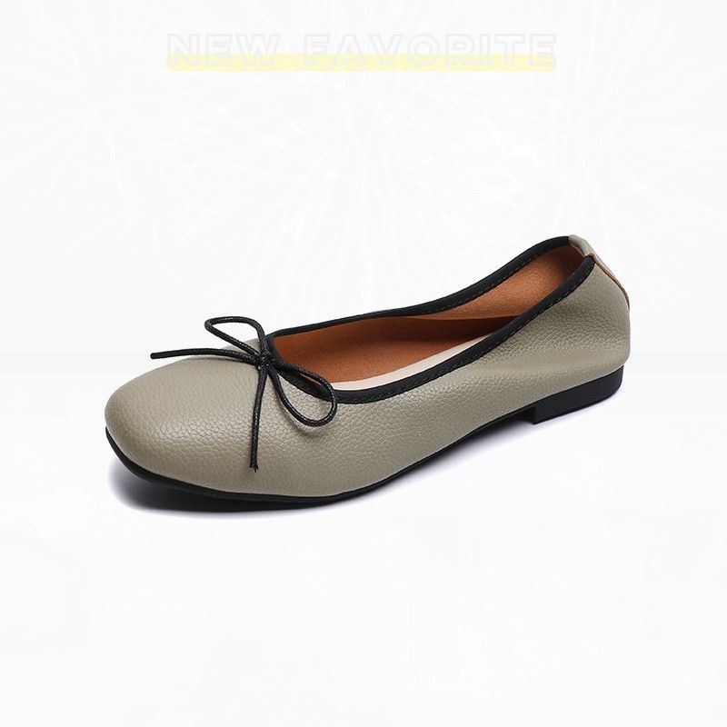 Super Soft Cowhide Square-Toed Women's New Flat With Bow, Shallow Mouth Loafers, New-Style Soft-Soled Ballet Shoes_vogvips.com