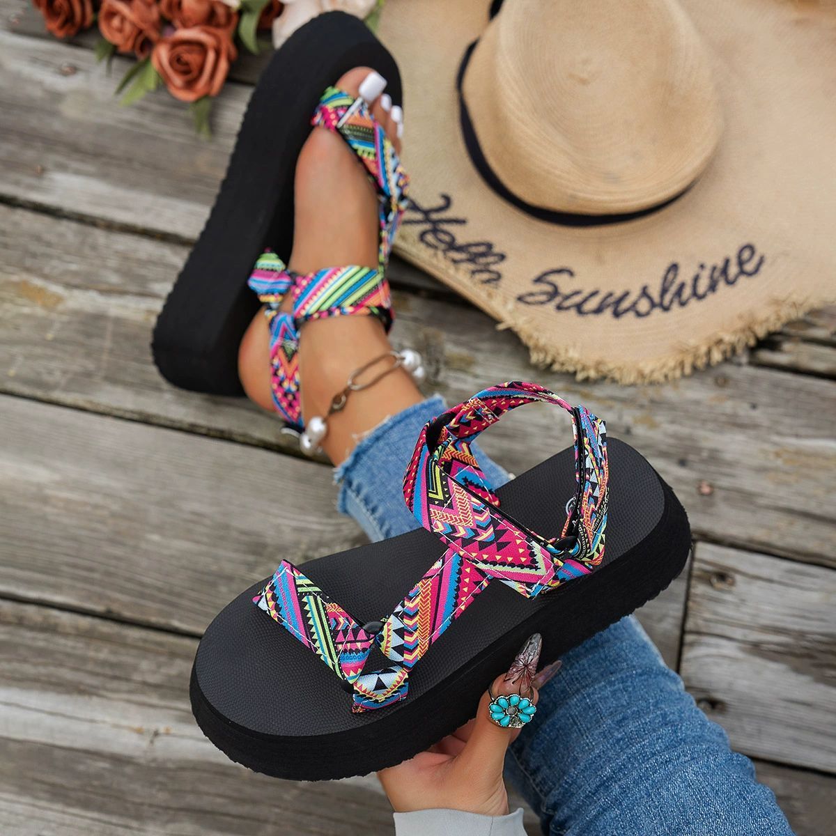Women's Shoes Large Size Thick Soled Velcro Sandals For Women Ethnic Style Color Matching Beach Sandals_vogvips.com