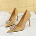 825-K69 Korean Fashion Banquet High Slim Heels Women's Suede Shallow Mouth Pointed Metal Water Diamond Buckle Single_vogvips.com