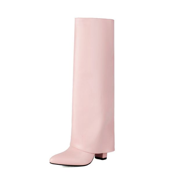 High Heel Boots Pointed Toe Chunky Heel Knee High Western Boots For Jeans Black White Winter Fashion Slip On Style, Western Style, Denim Boots._vogvips.com