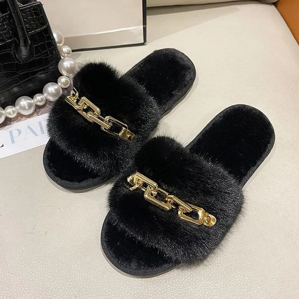 Fluffy Slippers Home Winter Casual Chain Designer Shoes Women 2024 Indoor Platform Plush Slides Girls Fashion Elegant La_vogvips.com