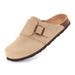 Crestar Women's Cork Sole Clogs Summer Cow Leather Flat Mules Slipper With Buckles Non-slip Comfort Beach Potato Shoe_vogvips.com