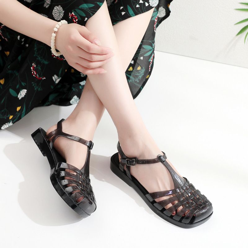 Open-toe Cutout Sandals With Flat Heel, Square Toe, Roman Woven Mesh, Casual Jelly Women's Shoes For Summer, Beach,_vogvips.com