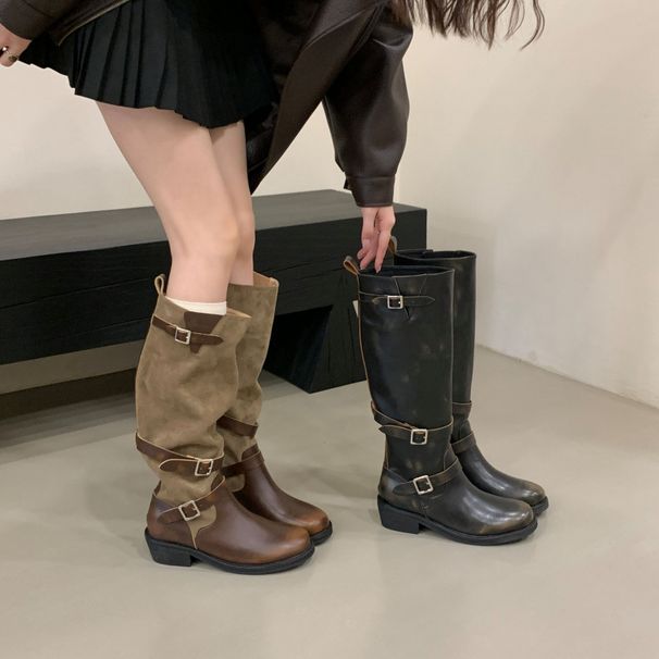 Heavyweight Knight Retro Distressed Color-Washed Wrinkled For Women Autumn Thick Heel Belt Buckle Long Tube Motorcycle_vogvips.com