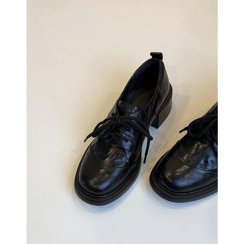 Leather Round Head Lace-up Loafers Commuting Thick Heel Small Leather Shoes Women's Single Shoes_vogvips.com