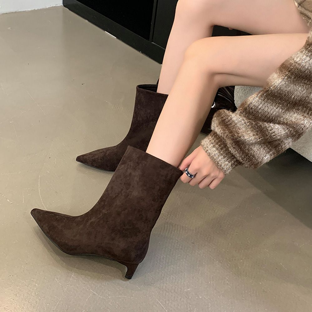 Elegant Pointed Toe Ankle Boots For Women - Slim Fit Low Heel Fashion Boots With Suede Upper & Rubber Sole (Black, Coffee, Light Brown)_vogvips.com