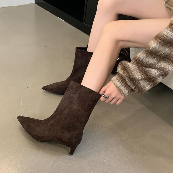 Elegant Pointed Toe Ankle Boots For Women - Slim Fit Low Heel Fashion Boots With Suede Upper & Rubber Sole (Black, Coffee, Light Brown)_vogvips.com