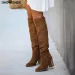 Womens Fashionable Casual Retro Long Knee Denim Square High Heels Boots Bottes Womens Botas De Mujer Atos 240911_vogvips.com