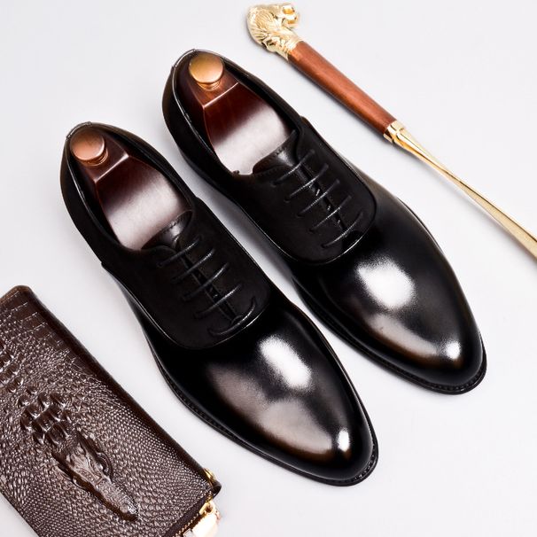 Suit leather shoes Men's business English leather abrasive leather wedding handmade Oxford shoes pointed men's shoes_vogvips.com