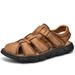 Men’s Closed Toe Nubuck Leather Outdoor Sandals, Adjustable Hook Loop Strap Non-Slip Work Walking Sandals_vogvips.com