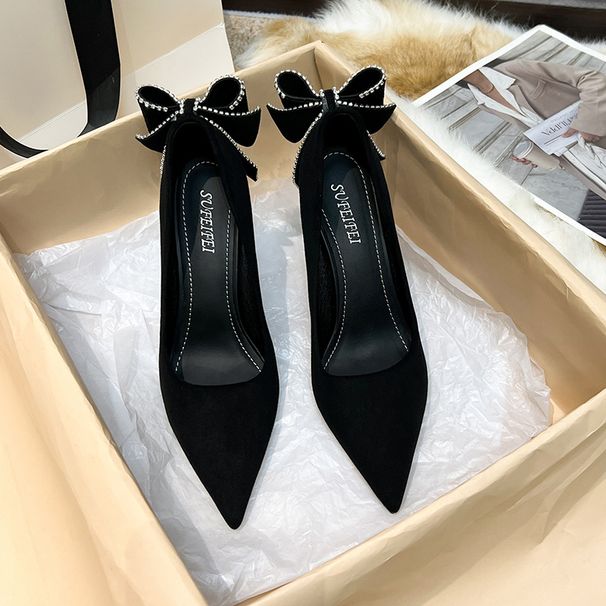 Sexy Pointed Women's Rhinestone Bow Shallow Mouth Autumn New Super High Heels Single Shoes Women_vogvips.com