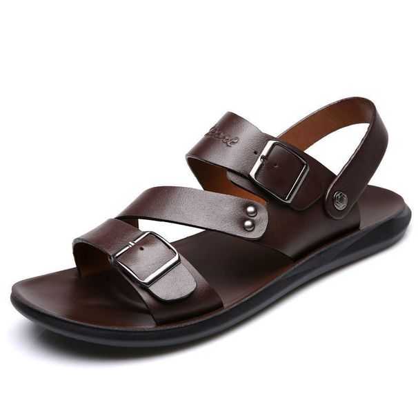Fashion Comfortable Men's Sandals Solid Color Open Toe Mens Leather Sandals 2023 New Slippers Beach for Male Leather Footwear_vogvips.com
