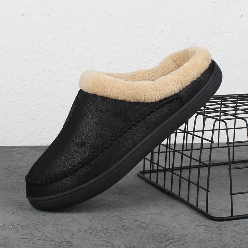 Slippers Men's Home Winter Indoor Plush Warm Shoes Thick Bottom Waterproof Leather House Man Suede Cotton_vogvips.com