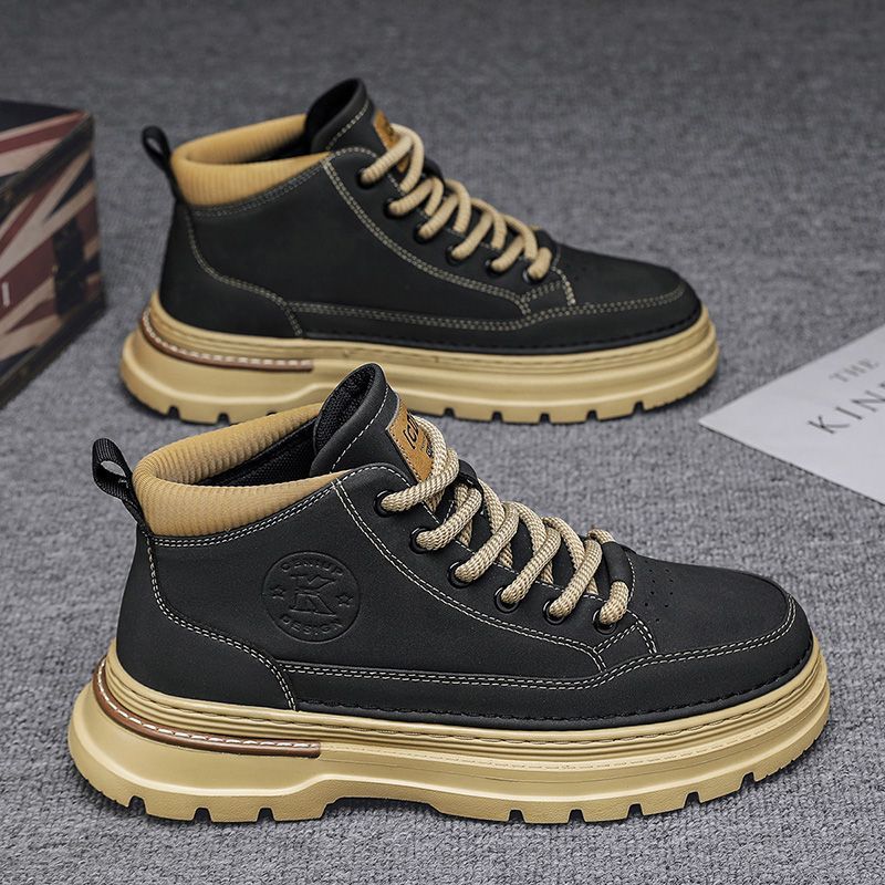 Men's Classic British Style Low-Cut Ankle Boots - Retro Martin Boots With Breathable Mesh Lining & Comfortable EVA Insole (Black/Khaki)"_vogvips.com