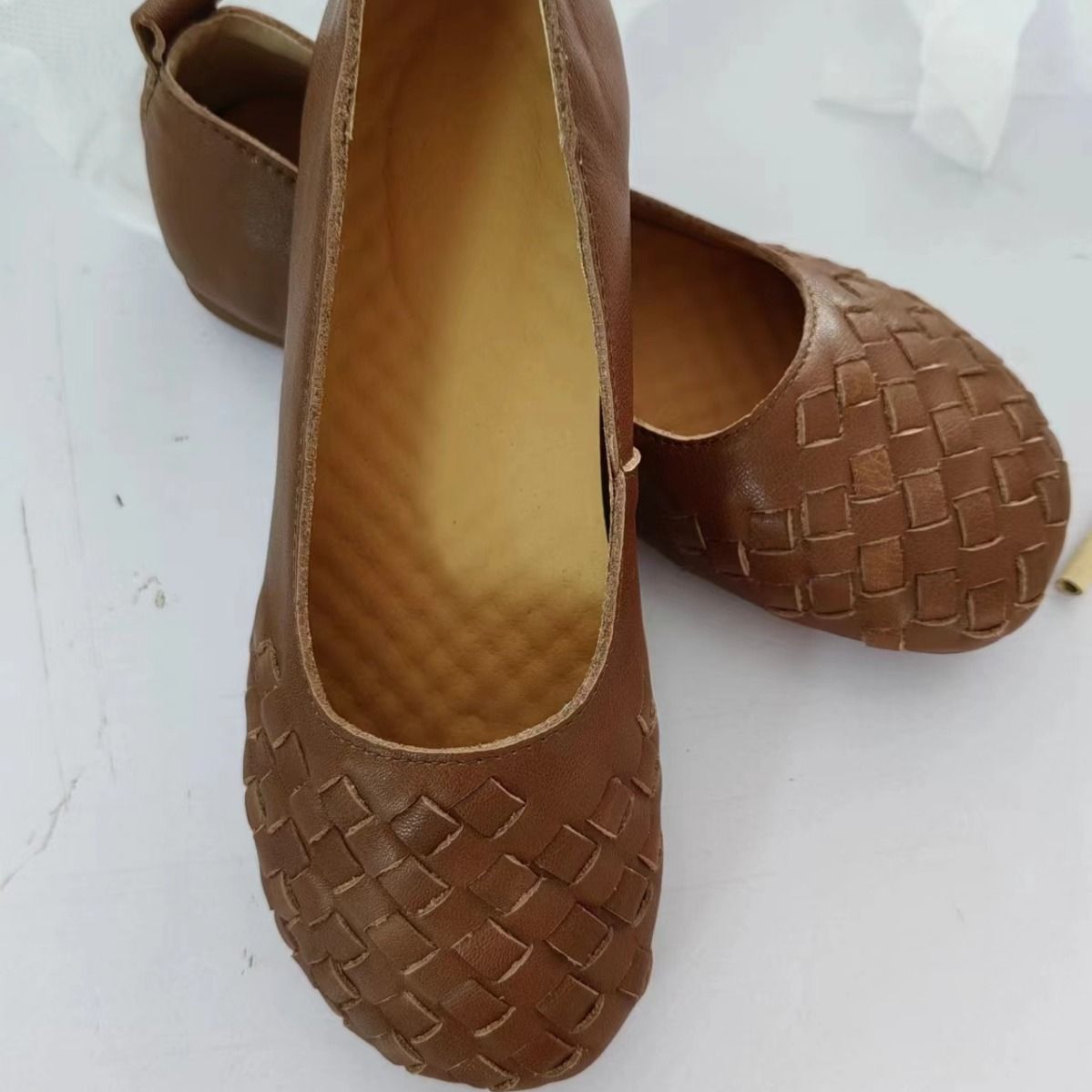 Xz701 Genuine Leather Woven Women's Single Handmade Boat Shoes Lightweight Comfortable Artistic Style_vogvips.com