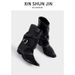 Gothic Punk Knee-High Boots With Flame Design, Chunky Heel & Studded Chains For Women - Retro Stacked Boots_vogvips.com