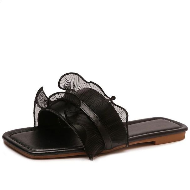 Plus Size Flat Slippers Summer Square Open Toe Lace Soft Slip AntiSlip WearResistant Womens FlipFlops 251015_vogvips.com