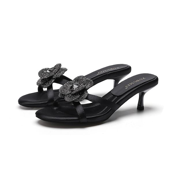 High Heel Sandals For Women 2024 New Thin Heel Light Luxury One Line With Round Head Flower Diamond High Heel Slippers_vogvips.com