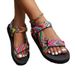 Women's Flat Sandals Large Size Thick Soled Flat Sandals For Women 2025 New Color Blocked Velcro Family Style Beach Shoes_vogvips.com