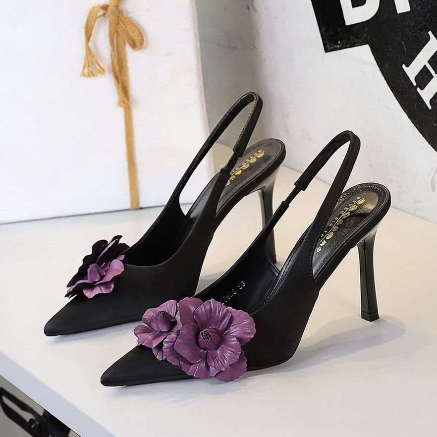 Hollow Back Strap Pointed Tip Thin Heel High Heels Color Matching Flower Women's Shoes Light Mouth Single Shoes_vogvips.com