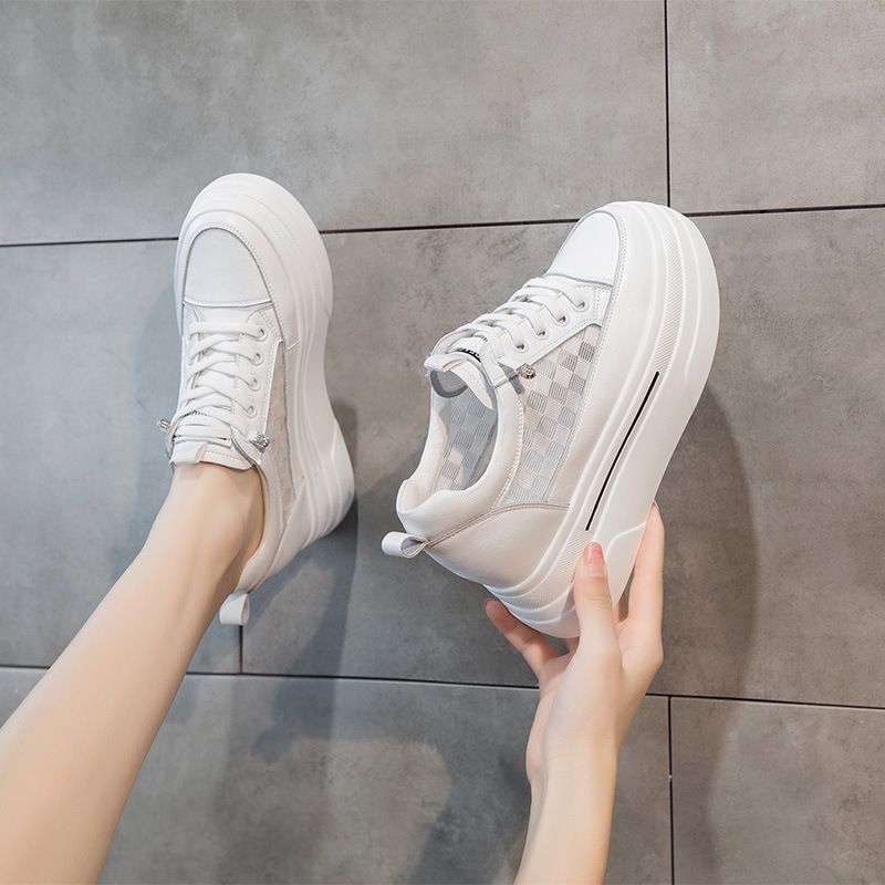 Mesh White Sneakers Women, Ins Style 2025 Summer New Checkered Low-top Breathable Platform Shoes With Thick Soles And_vogvips.com