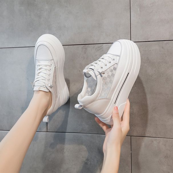 Mesh White Sneakers Women, Ins Style 2025 Summer New Checkered Low-top Breathable Platform Shoes With Thick Soles And_vogvips.com