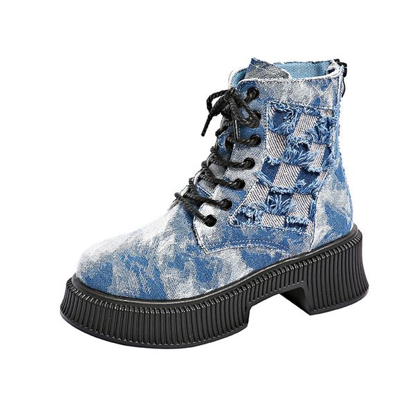 Lace Up Platform Ankle Boots Women's Autumn New Arrival Chunky Heel Plus Size Cowboy Boots 43_vogvips.com