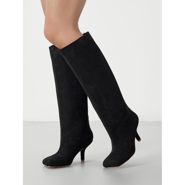 Wide-Calf Knee-High Suede Boots For Women - Stretchy US Plus Size Fashion Boots With Square Toe & Breathable Mesh Lining (Black/Tan/Beige)_vogvips.com