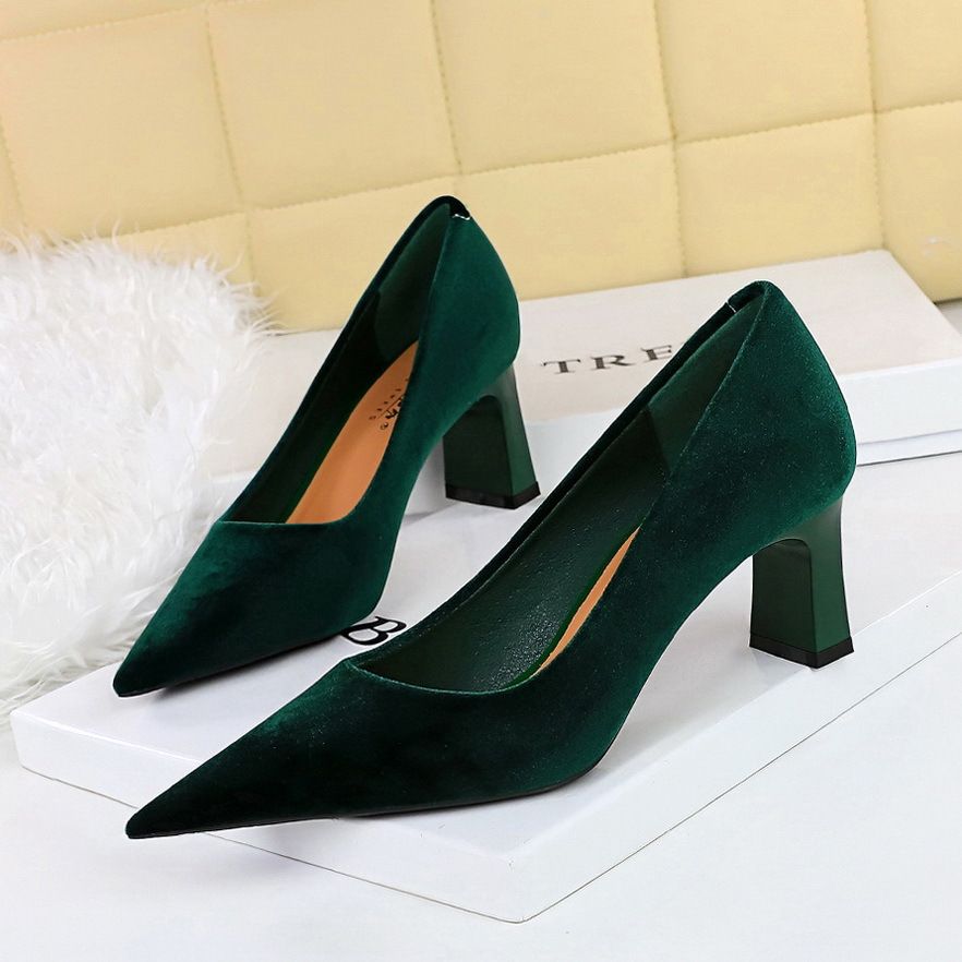 High heel chunky women's shoes suede west velvet light point single shoes_vogvips.com