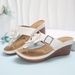New Large Slope Heel Women's Flower Casual Solid Color Belt Buckle Herringbone Slippers Women_vogvips.com