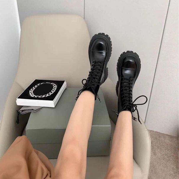 Genuine Martin Leather For Women New British Style Thick Sole Height-Increasing Short Stylish Black Motorcycle_vogvips.com