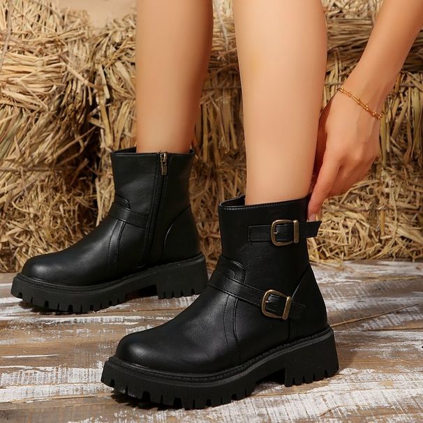 Women's Chunky Sole Boots - Retro Combat Ankle Boots With Buckle (Black/Dark Brown/Tan) - EU 35-43_vogvips.com