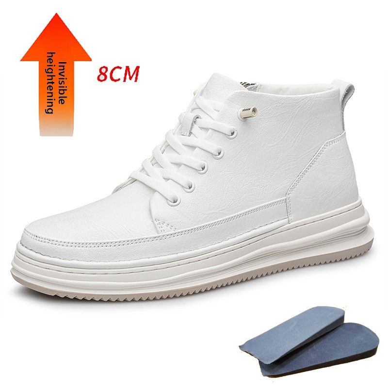Cowhide Men's Round Head Lace-up Board Shoes Genuine Leather Casual Men's Mid-top Leather Shoes Invisible Inner Height Increase Men's Shoes_vogvips.com
