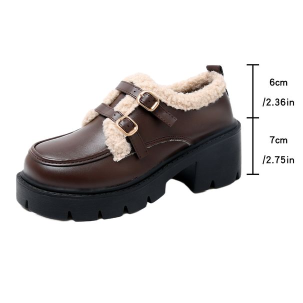 Women's Retro Fleece Lined Mid Heel Loafers Plus Size Furry Cotton Shoes Autumn New_vogvips.com