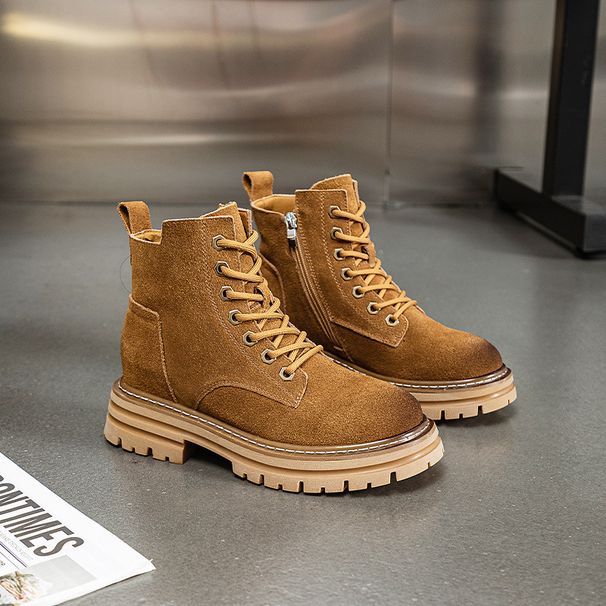 Thick-Soled Martin For Women 2024 Autumn Winter New Cotton-Padded Yellow Genuine Leather Short British Style Suede_vogvips.com