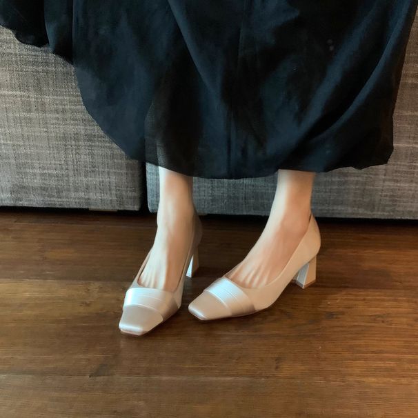 Chuyuji French-style Elegant Satin Nude High-heeled Shoes Women, Chunky Heel, Square Toe, Stylish And Comfortable For_vogvips.com