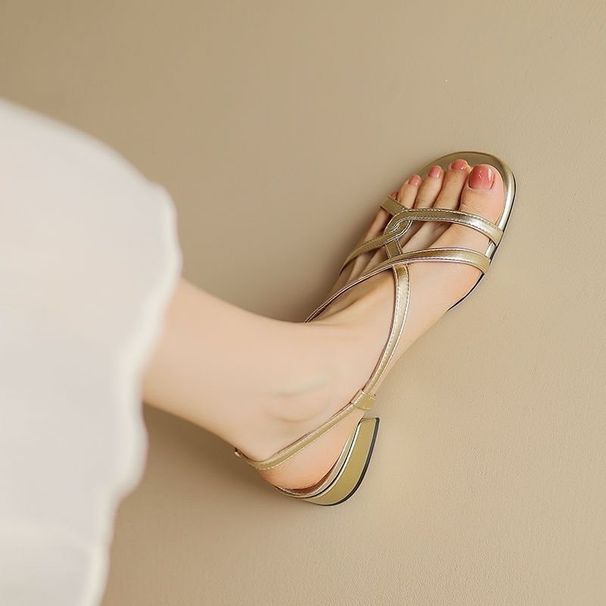 2026 New Summer Open-Toe Roman Sandals For Women, Leather, Soft Sole, Comfortable Low Chunky Heel, Woven Mid-Heel,_vogvips.com