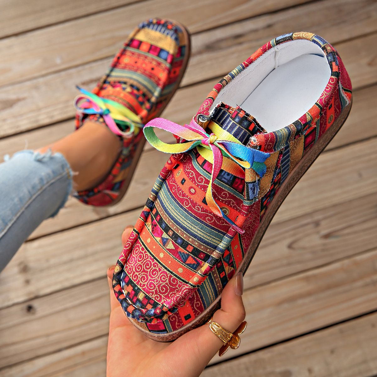 Ethnic Style Women's Casual Slip-On Canvas Shoes - Colorful Lace-Up Low-Top Sneakers With Artistic Doodle Design, Breathable & Comfortable_vogvips.com