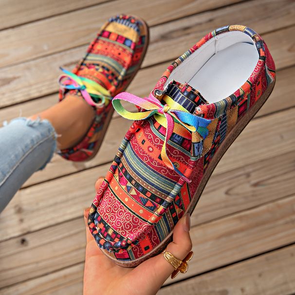 Ethnic Style Women's Casual Slip-On Canvas Shoes - Colorful Lace-Up Low-Top Sneakers With Artistic Doodle Design, Breathable & Comfortable_vogvips.com