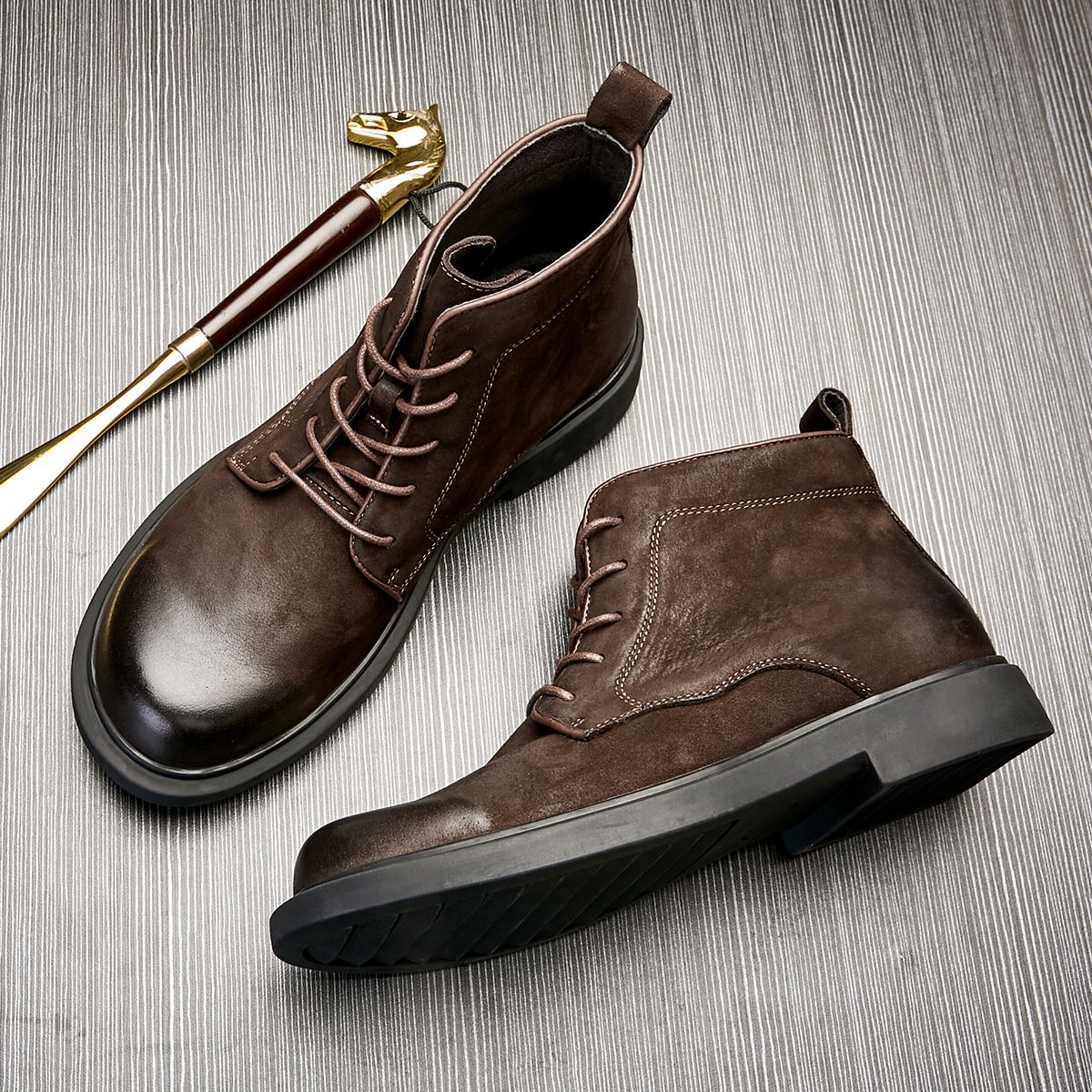 European Warm Series Bo Wei Martin British Style Suede Genuine Lace-up Shoes Men's Autumn Winter Soft Sole Mid-top Trendy Leather Boots_vogvips.com