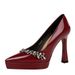 8399-H68 European And American Style Party Fashion Rhinestone Pointed Toe Chunky Heels Patent Leather Waterproof_vogvips.com