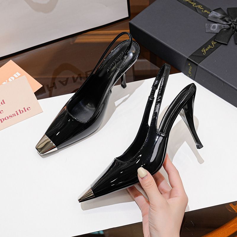 Women's Summer New High-heeled, Metal-tipped Single Shoes, Black Patent Leather, Park Chae-young Rose Closed-toe_vogvips.com