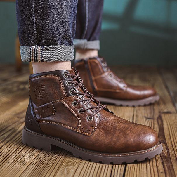 Martin Boots Men's Side Zipper Leather Boots Retro Trendy Men's Medium Top Short Boots Tooling Boots High Top Leather Shoes_vogvips.com