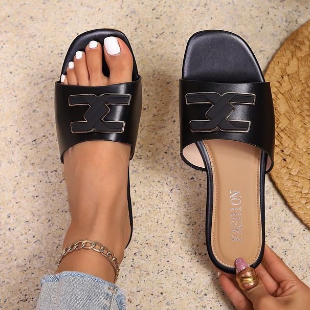 Women's Fashionable Open Toe Round Buckle Simple 2026 New Summer Flat Slippers Beach Shoes_vogvips.com