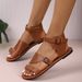 Women's Open Toe Flat Adjustable Ankle Buckle Strap Casual Summer Beach Walking Shoes Retro Brown Leather Look Sandals P_vogvips.com