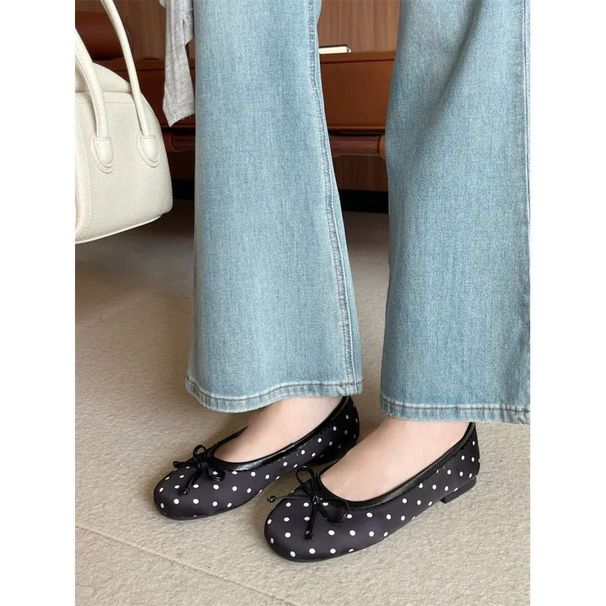 RYAMAG Polka Dot Butterfly Knot Ballet Flats Round Toe Shallow Comfort Dress Shoes Female Satin Elegant Footwear Women_vogvips.com