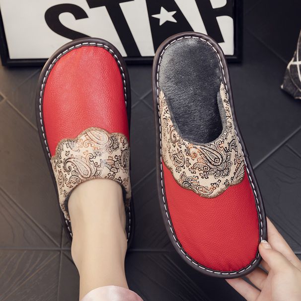 MTX Genuine Leather With Beef Tendon Sole Home Use, Women's Indoor Warm Non-Slip Waterproof Cowhide Embroidered Cotton_vogvips.com