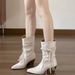 Chunky Heel Ankle Boots Fringe-Trimmed Lace-Up Pointed-Toe High Heels_vogvips.com